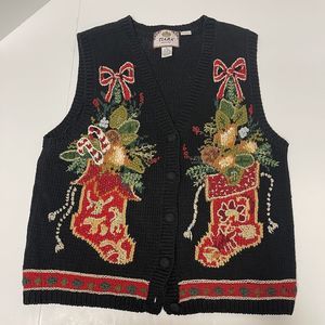 Tiara Petites Christmas Sweater Vest Stockings Knit Womens Size Large Multicolor
